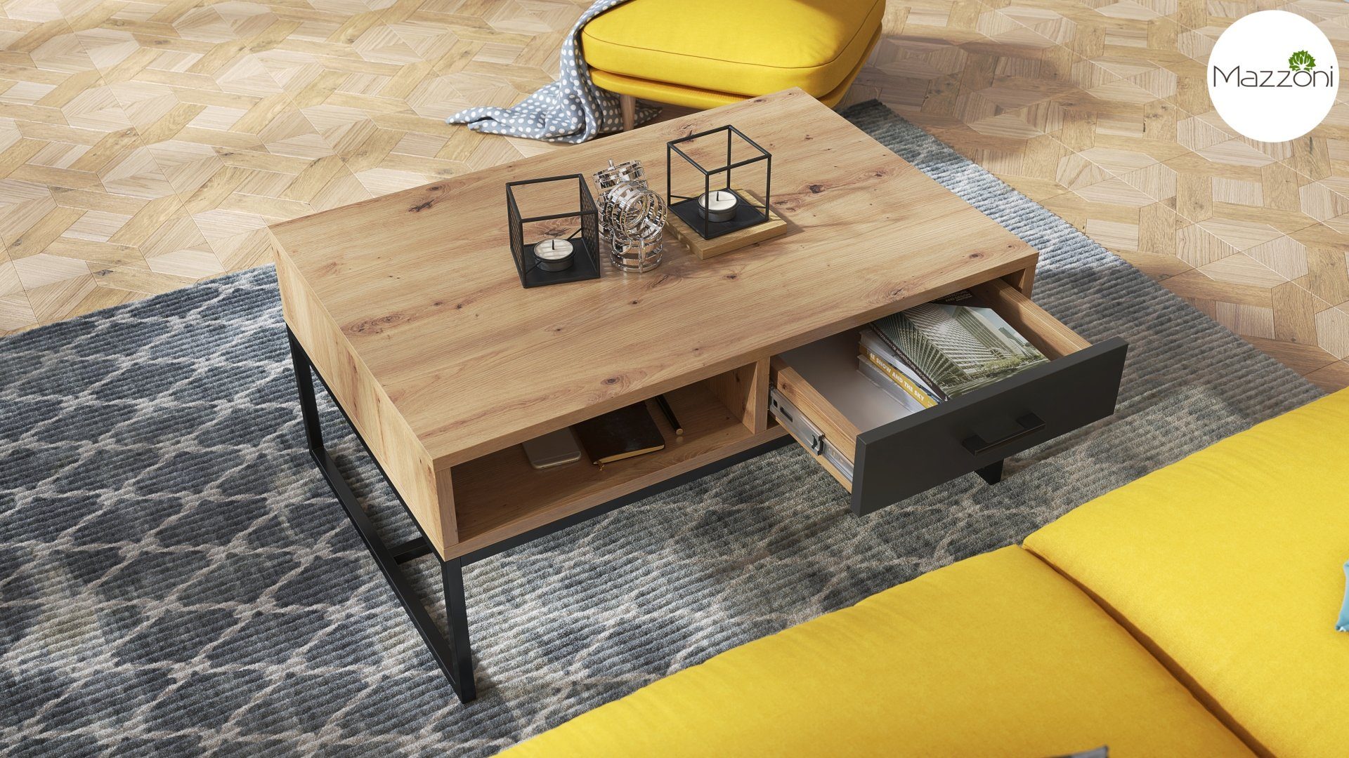 Mazzoni Couchtisch / Eiche Tisch matt Anthrazit mit Schublade Nyx 60x90x40cm Ablage Design Wohnzimmertisch Artisan