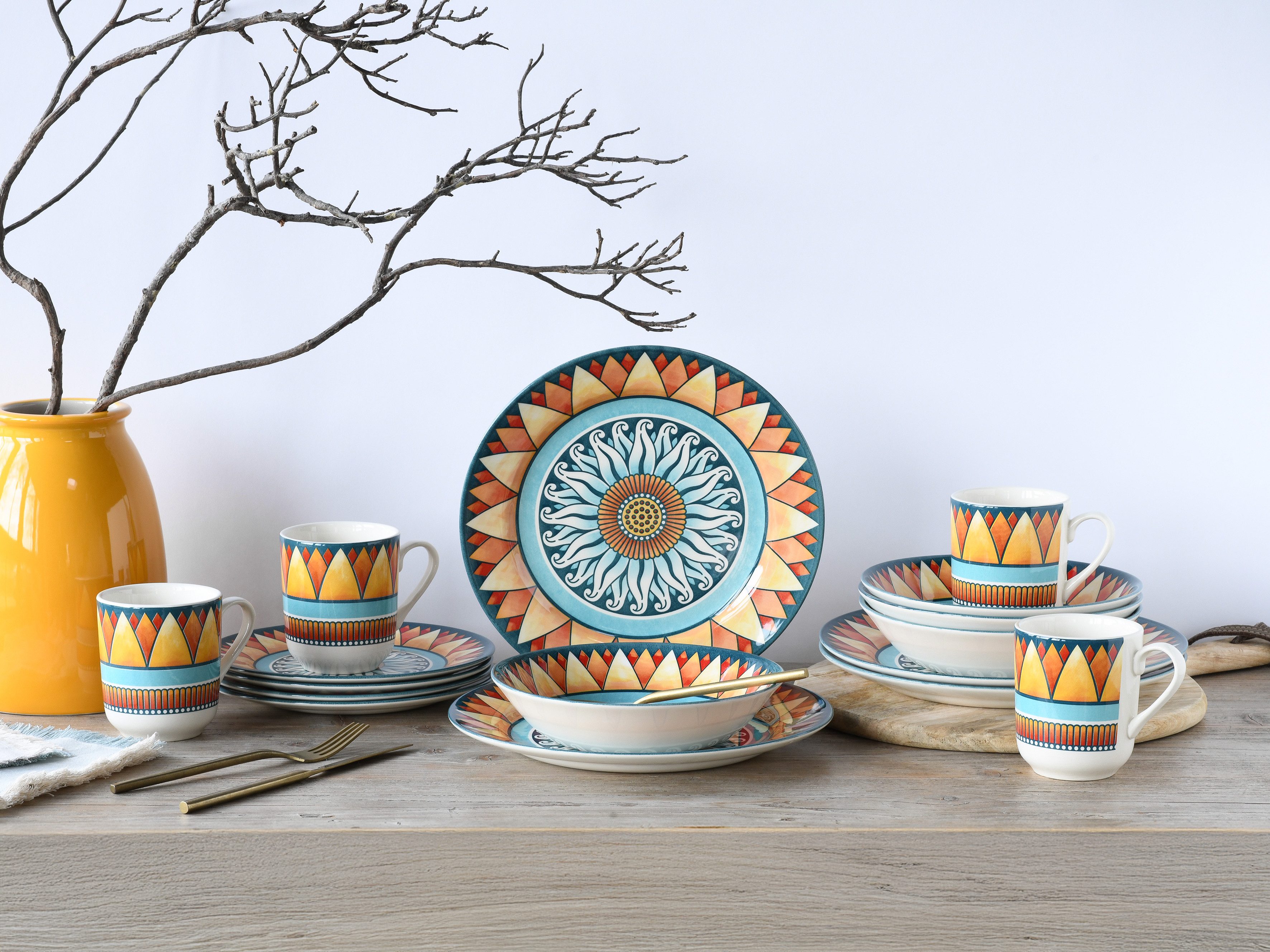 CreaTable Kombiservice Soleil (16-tlg), 4 Personen, Steingut, Sonnenmotiv