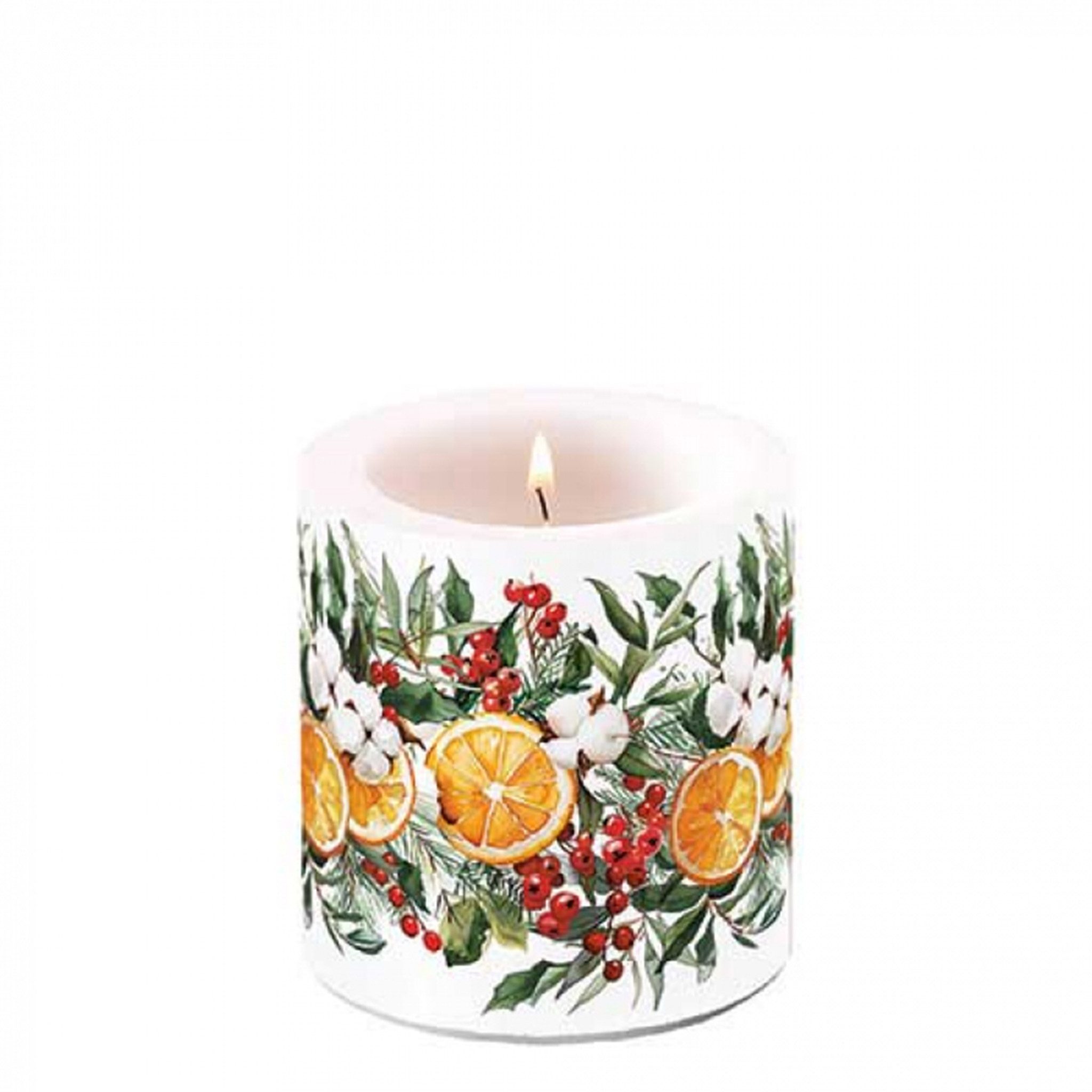Ambiente Luxury Paper Products Stumpenkerze, Stumpenkerze Paraffin 7,5x9cm mit Orangen & Beeren Motiv Winter Weiß