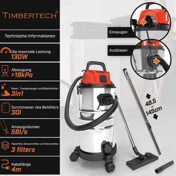 TIMBERTECH Industriesauger Industriestaubsauger -2300 W Leistung, 30L, mit Blasfunktion, 3 Filter