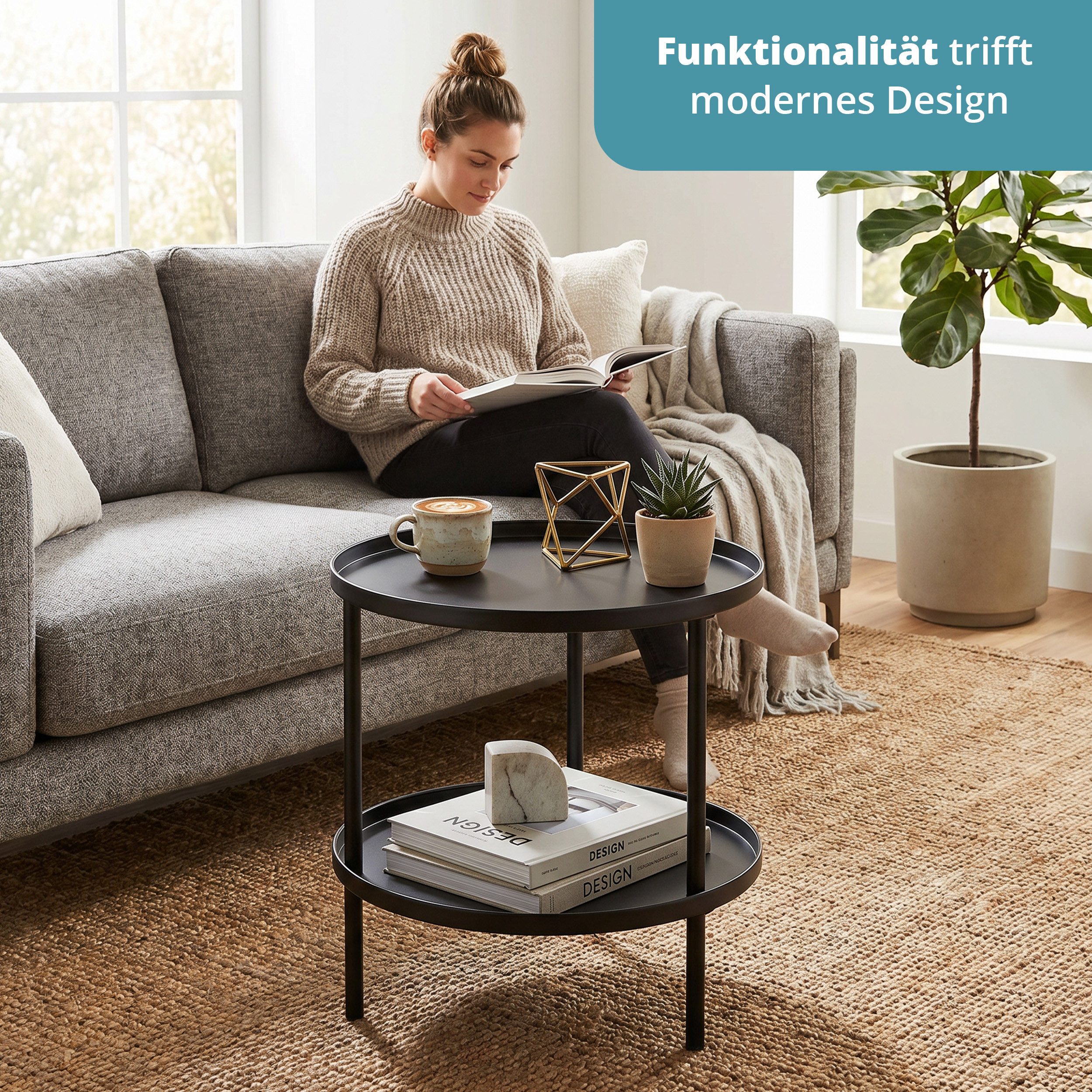 KHG Beistelltisch Rund Schwarz Ø 41 cm moderner Sofatisch elegant (Dekorative Ablage für Getränke, Bücher oder Wohnaccessoires, platzsparend, modern und vielsei – Bild 3 von 5