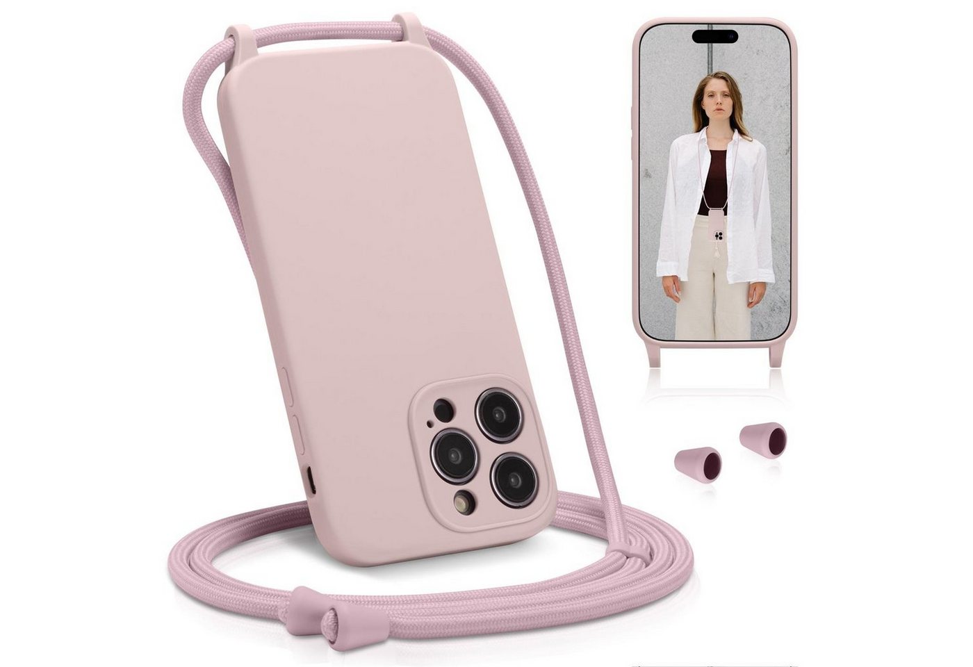 CoolGadget Handyhülle Premium Handyhülle mit verstellbarer Handykette für iPhone 15 Pro Max, Hülle zum Umhängen Kette inkl. 2x Displayschutzfolie aus Glas