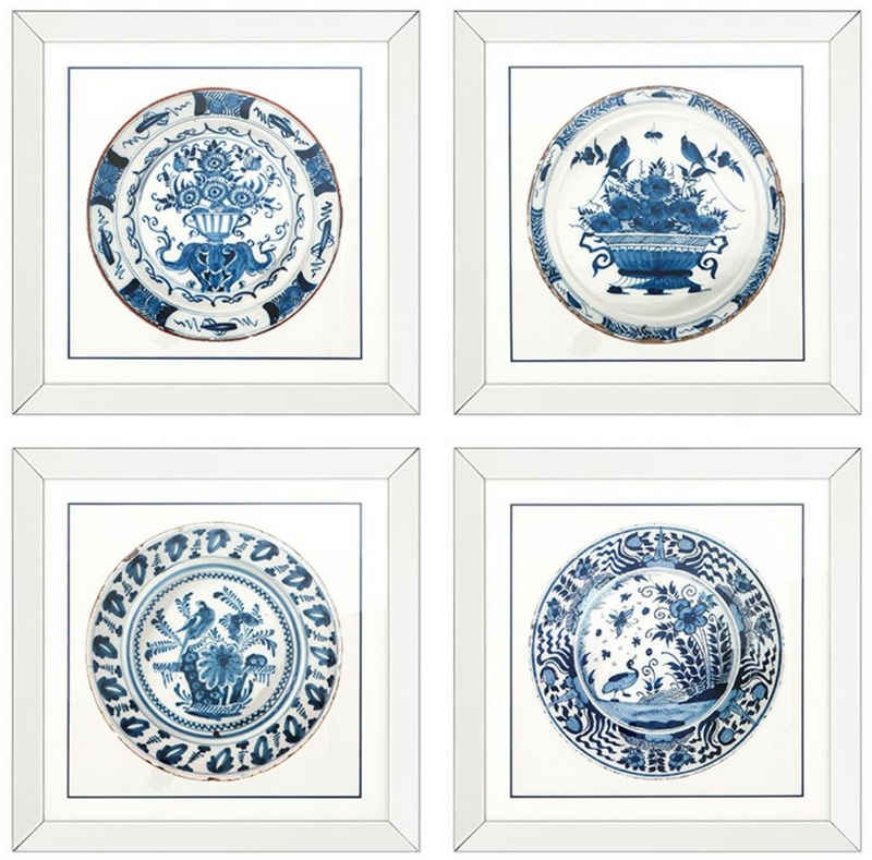 Casa Padrino Bilderrahmen Bilder / Kunstdruck 4er Set Antike Chinesische Porzellan Teller Weiß / Blau 80 x H. 80 cm - Luxus Wanddekoration