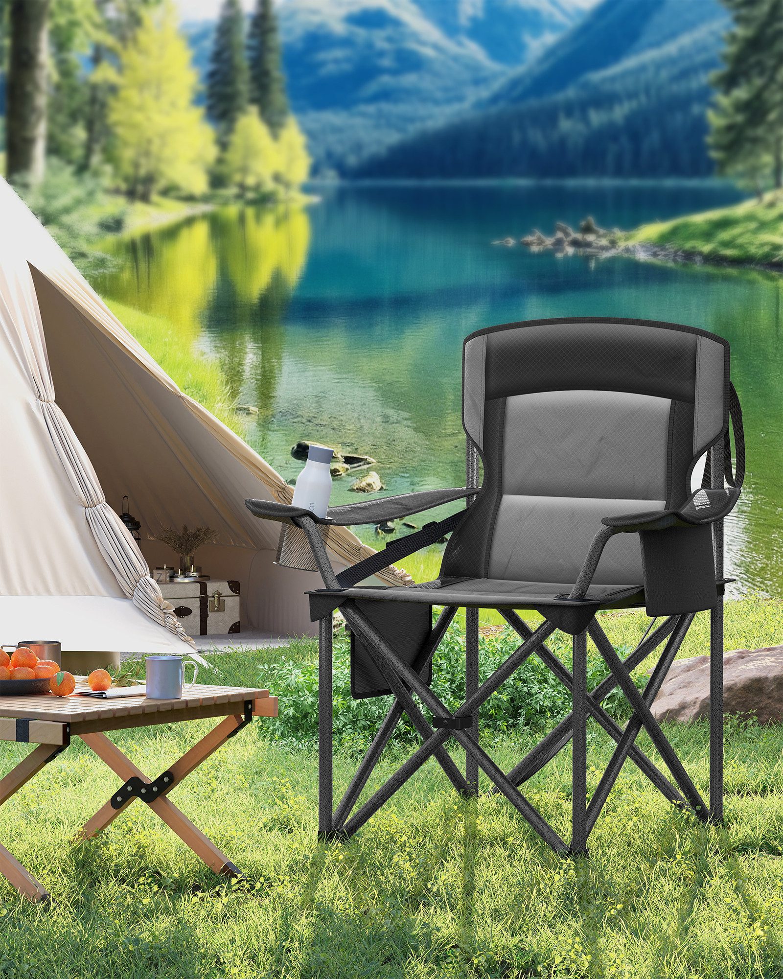 SONGMICS Campingstuhl Klappstuhl, mit Getränkehalter, Angelstuhl, Polsterung, bis 205 kg