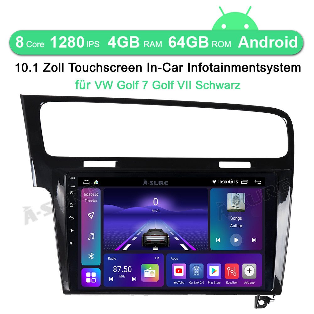 A-Sure 10.1" Android 15 Carplay Für VW Golf 7 VII MK7 2013-2017 Autoradio (Digitalradio (DAB), FM, AM)