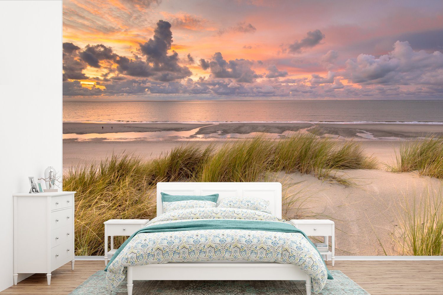 MuchoWow Fototapete Feuriger Sonnenuntergang über dem Strand von Nes auf Ameland, Matt, bedruckt, (6 St), Wallpaper für Wohnzimmer, Schlafzimmer, Kinderzimmer, Vinyl Tapete