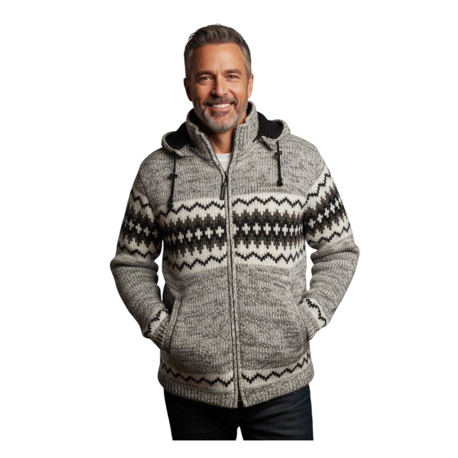 THC Natural Line Strickjacke THC Schafwollstrickjacke Norweger grau meliert 608 (1 Stück, 1-tlg., 1 Stück) Strickjacke mit abnehmbarer Kapuze