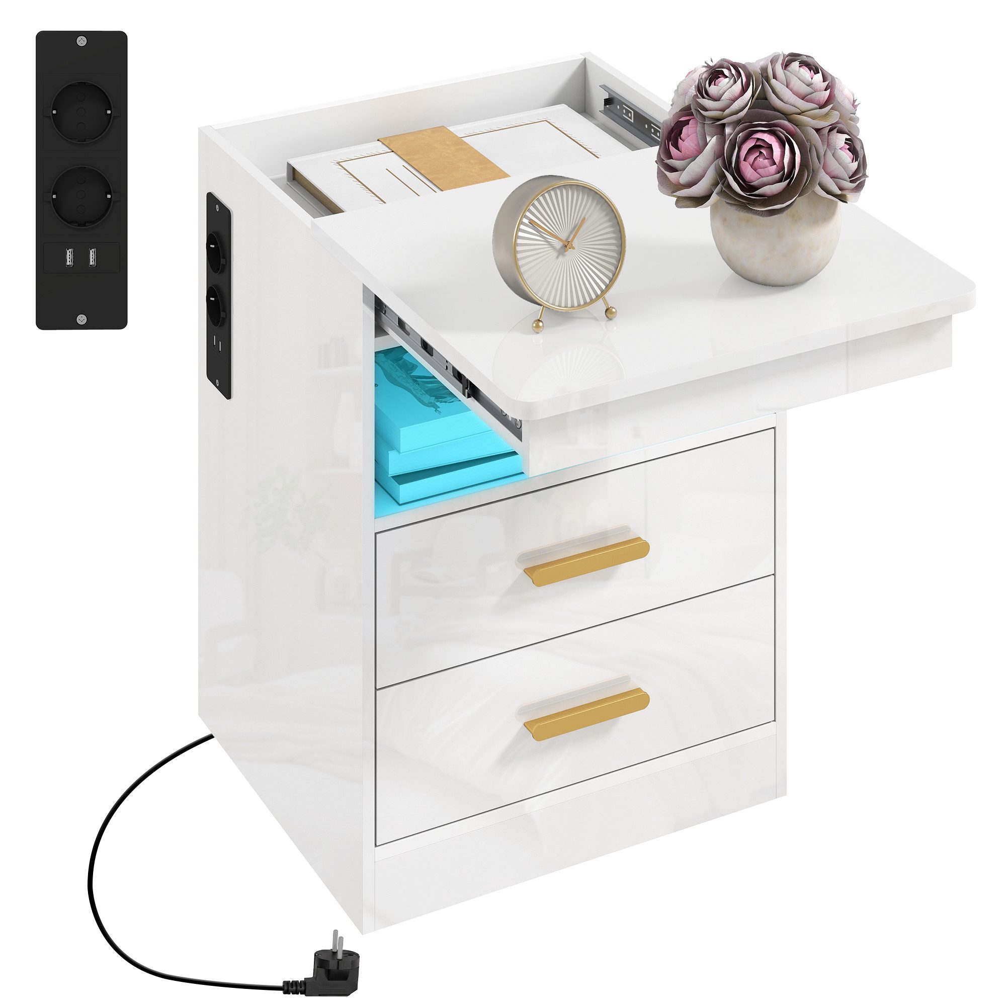 HOMCOM Nachttisch Beistelltisch mit LED-Beleuchtung, 2 AC-Steckdosen, 2 USB-Anschlüsse (Nachtschrank, 1-St., 1 Tisch), mit Ladestation, RGB-LED, Hochglanzoberfläche