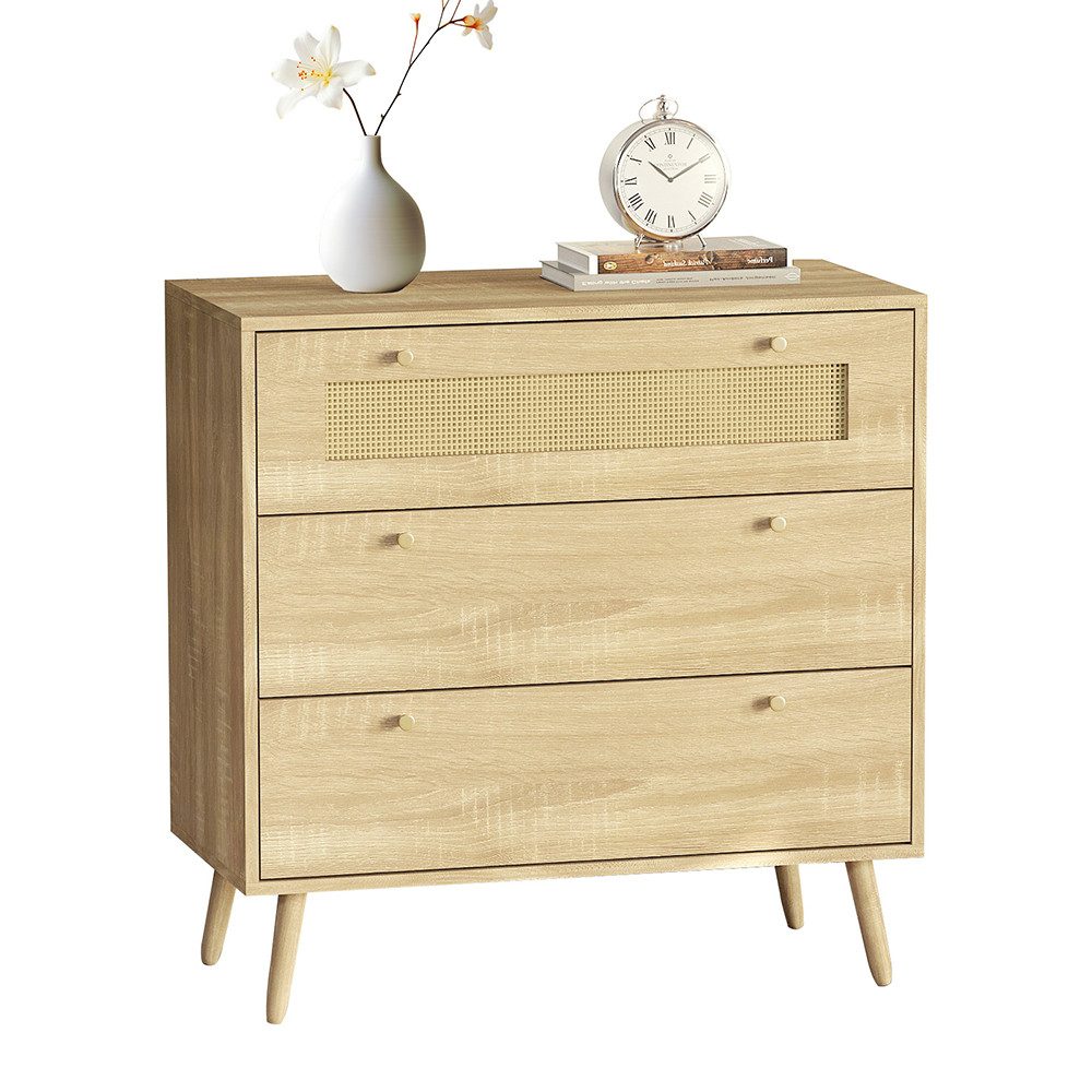 WAOHO Schubkastenkommode Schubladenschrank Rattan geflecht, Kommode mit Rattantür, Schrank