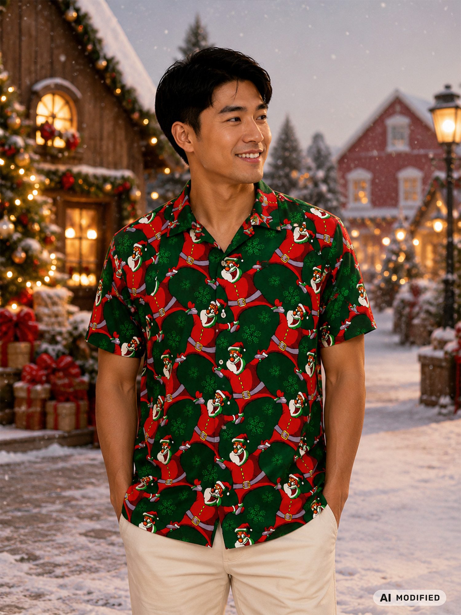 King Kameha Hawaiihemd "Christmas Laughing Santa" Funky Hawaii-Hemd Kurzarm Front-Tasche