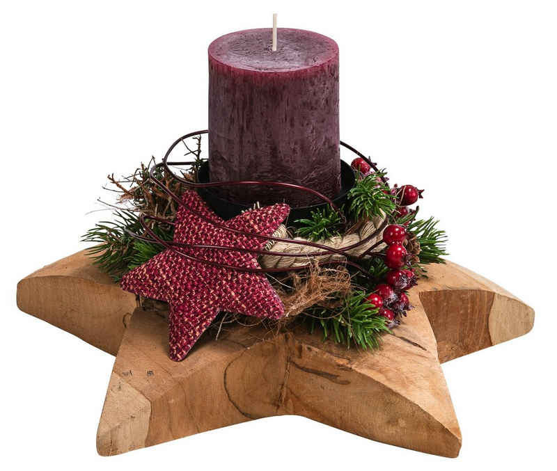 Dehner Adventskranz »Gesteck Red Timber, 1 dunkelrote Kerze, Ø 28 cm«, handgefertigt, auf Holzstern, Naturmaterial/Holz/Kunststoff