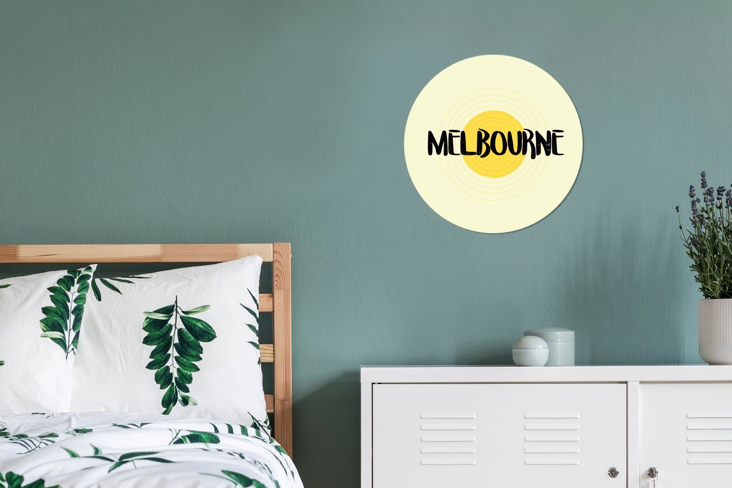 MuchoWow mit von Wohnzimmer, Illustration Wandbild, Forex, St), 30x30 Gemälde Melbourne cm Hintergrund, (1 Rundes gelbem Wanddekoration Kreis