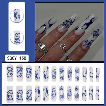 YRIIOMO Kunstfingernägel Fein glitzernde blaue Schmetterlingsnägel, tragbare Nägel, lange Nägel, Maniküre-Patches, künstliche Nägel, Maniküre-Patches