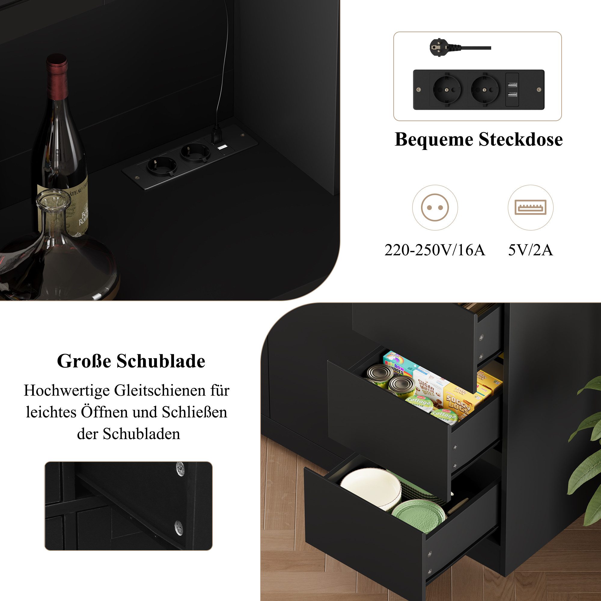Homfa Küchenbuffet Küchenschrank Buffetschrank mit LED Sideboard schwarz mit Steckdosenleiste & Arbeitsplatte 180x100x38,5cm