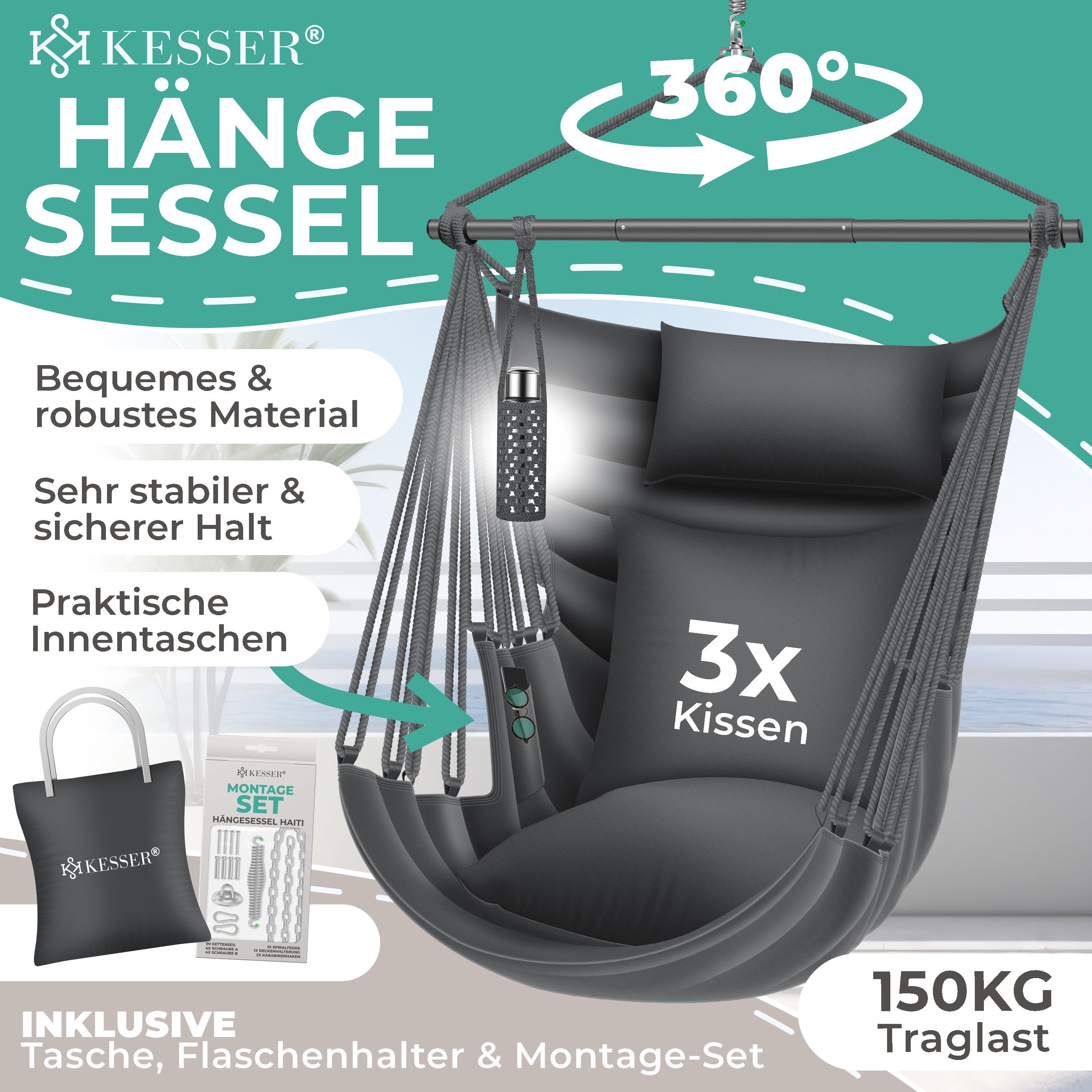 KESSER Hängesessel Haiti 150kg Traglast, Indoor & Outdoor Hängestuhl (Hängeschaukel mit 2 Kissen, Tragetasche, Flaschenhalter & Montage-Set), 360° Hängematte Pflegeleicht, UV-beständig & Wasserfest