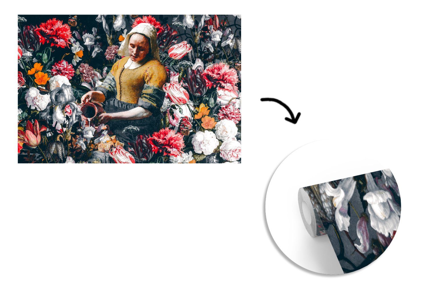 MuchoWow Fototapete Milchmädchen - Wohnzimmer, Johannes (6 für Blumen, - Vinyl Matt, Schlafzimmer, Kinderzimmer, bedruckt, Tapete Vermeer Wallpaper St)
