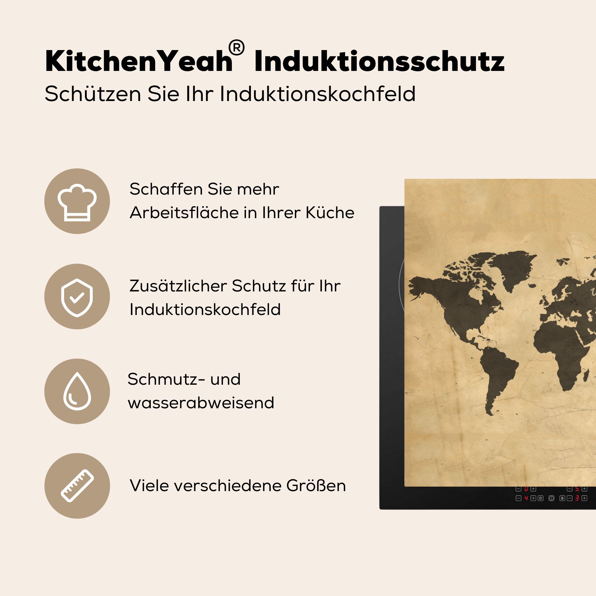 cm, Vintage Herdblende-/Abdeckplatte Farbe, Weltkarte Arbeitsplatte küche - tlg), 78x78 Ceranfeldabdeckung, (1 für MuchoWow Vinyl, -