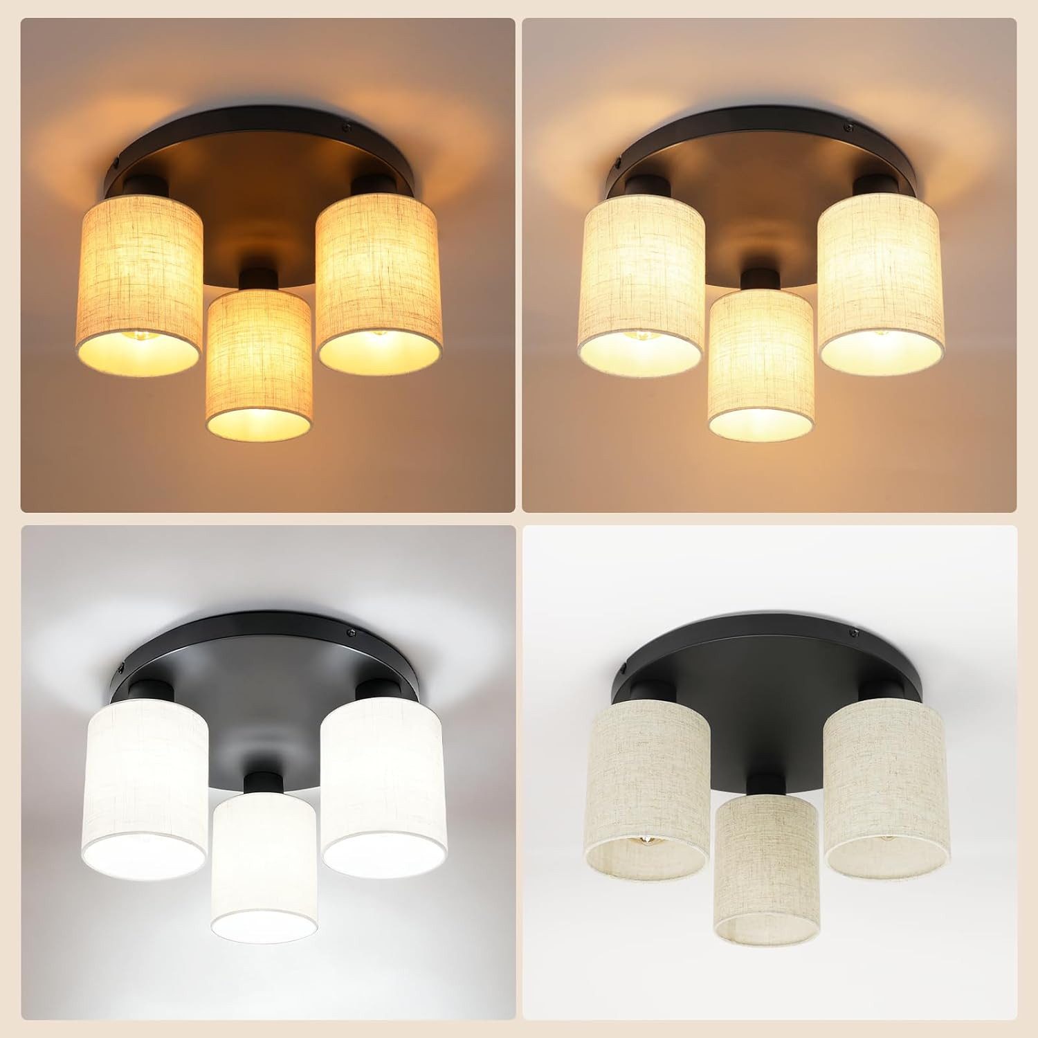 Nettlife Deckenleuchte Schwarz 3-Flammige Vintage Rundem Stoffschirm Retro-Boho Flurleuchte, ohne Leuchtmittel, für Wohnzimmer Schlafzimmer Küchen Esszimmer Flu – Bild 5 von 5