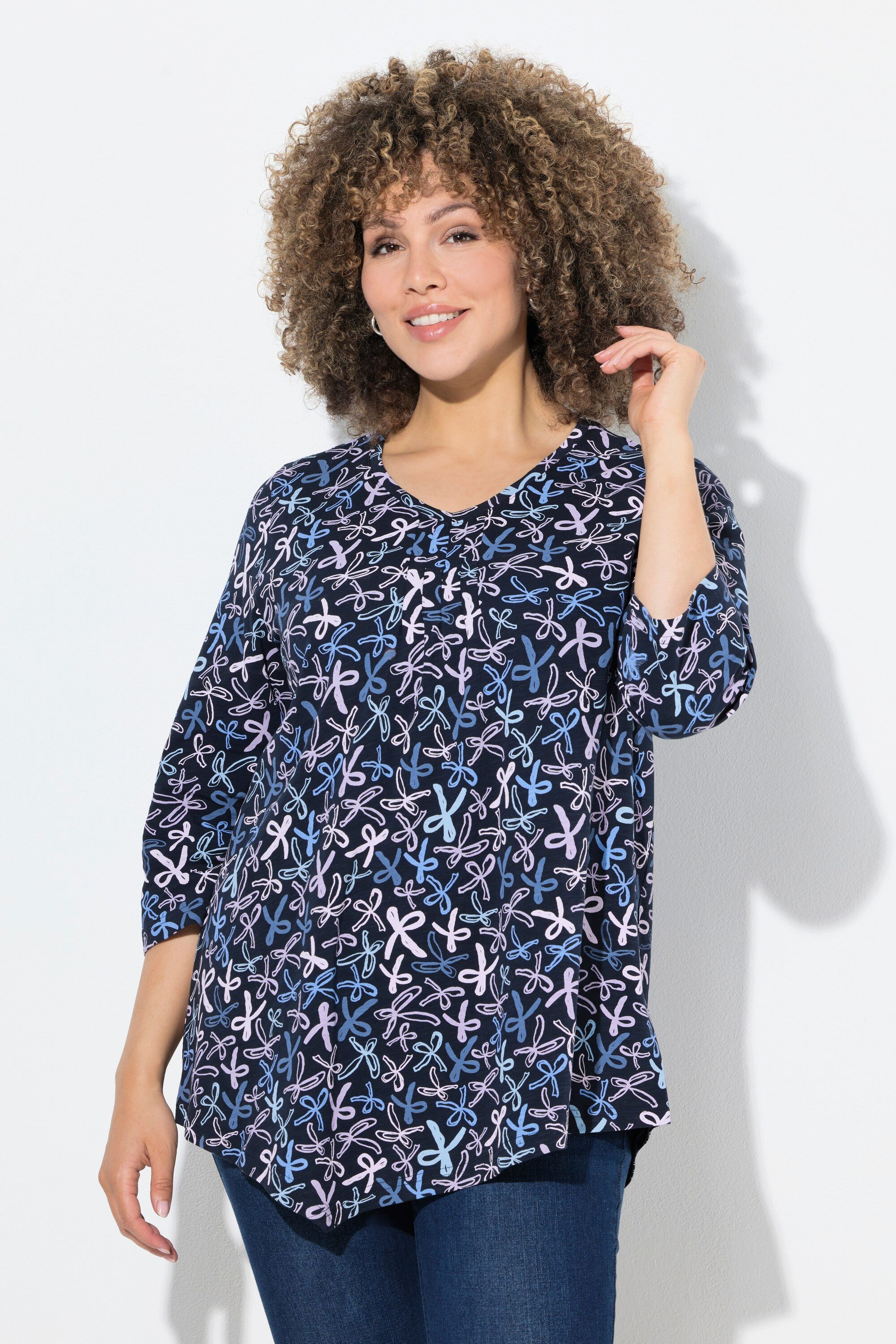 T-Shirt Shirt Zierfalten A-Linie V-Ausschnitt 3/4-Arm