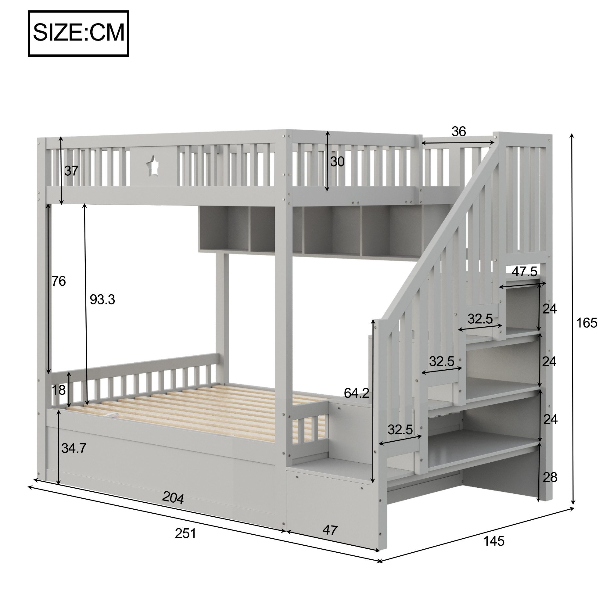 Merax Etagenbett mit hydraulischem Unterbett (1-St., Stockbett Jugendbett Doppelbett Hochbett aus Massivholz), Kinderbett 140x200cm mit Stauraumtreppe, Regalen  – Bild 4 von 5