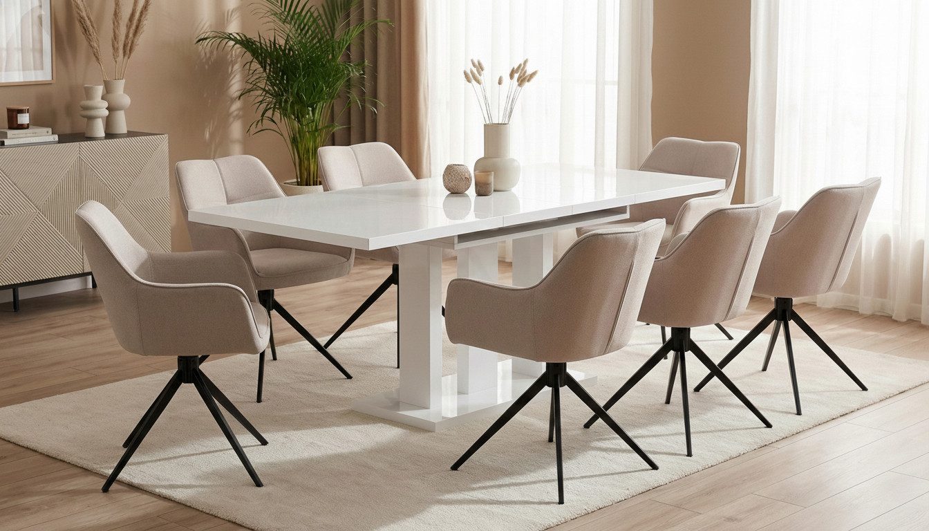 Endo-Moebel Essgruppe "Appia White" 130-210cm ausziehbar, Tischgruppe, 6 Personen, (1 ausziehbarer Esstisch, 6 bequeme Stühle), Synchronauszug, Erweiterbar, Weiße Tischbeine, Säulentisch