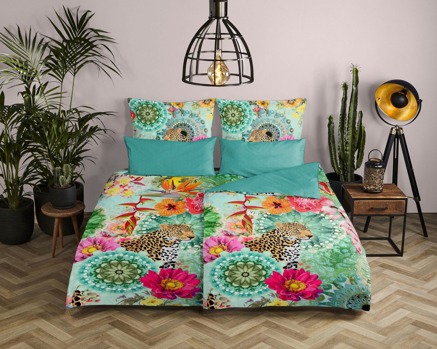 hip Wendebettwäsche Ximena, Satin, 2 teilig, Mako-Satin, 135x200, Reißverschluss, Wendeoptik, Mandala, Bunt, Türkis