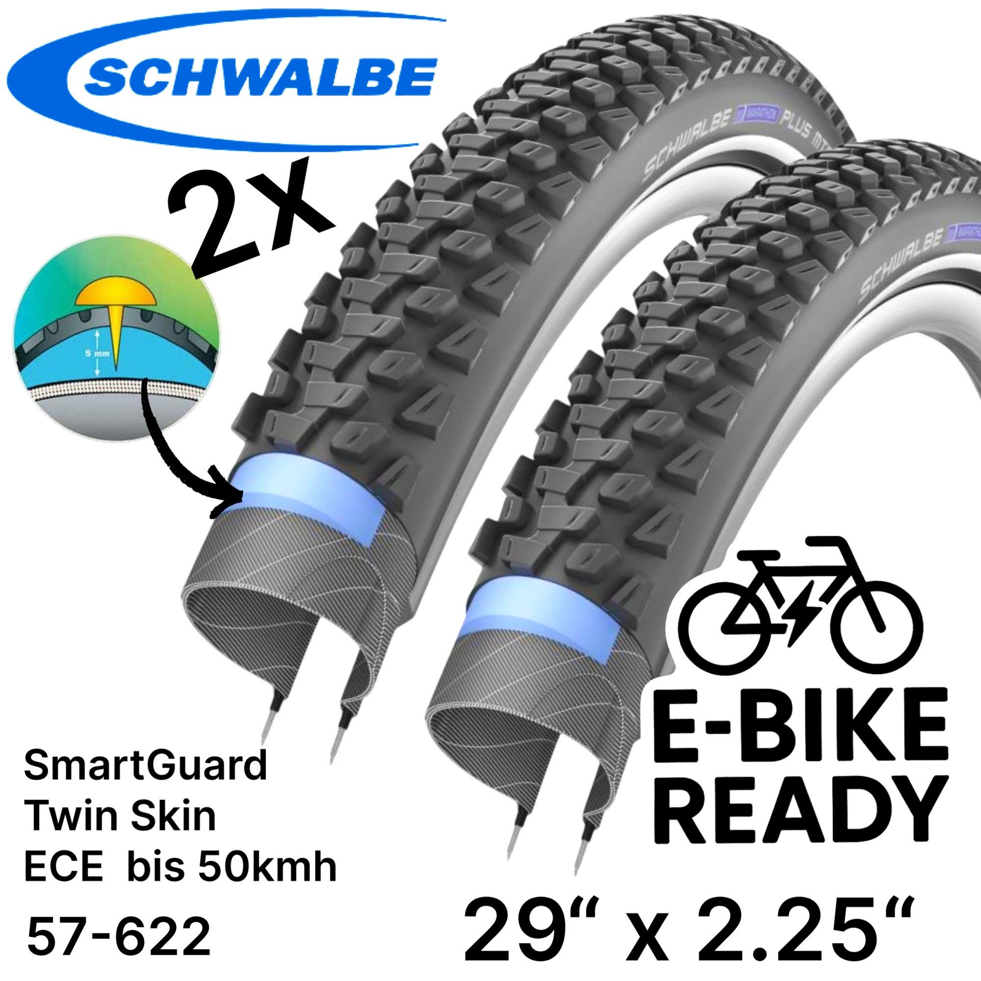 Schwalbe Fahrradschlauch 2x Schwalbe Marathon Plus MTB Ebike 29x2,25 Reflex Pannenschutz Reifen