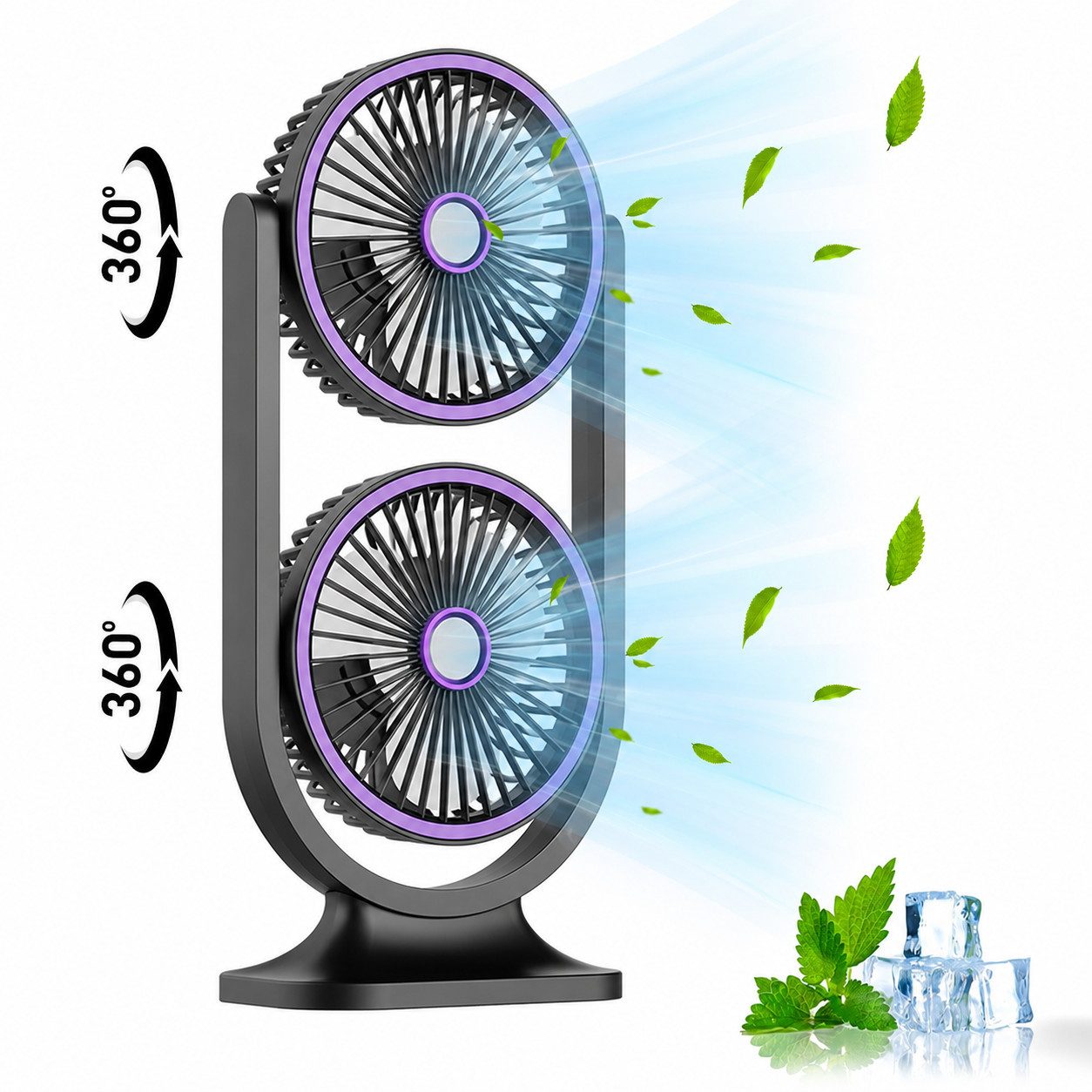 MOPUEA Standventilator 360° Drehbar Doppelkopf Luftzirkulationsventilator USB Tischventilator, Luftzirkulation, für den Schreibtisch zu Hause