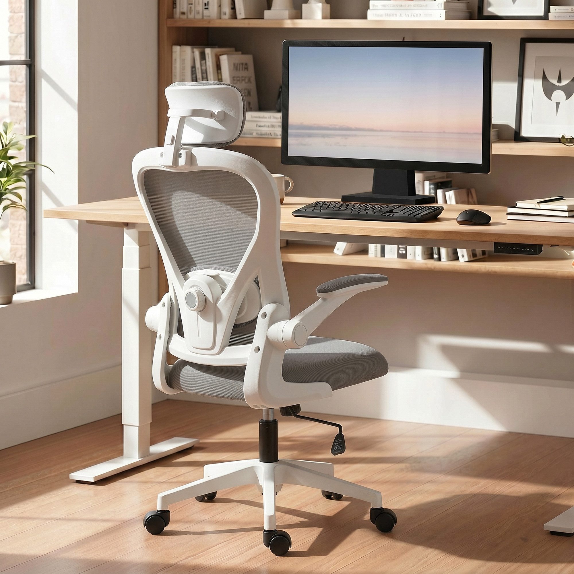 HOMCOM Bürostuhl Ergonomischer Schreibtischstuhl mit Hochklappbaren Armlehnen (Höhenverstellbarer Drehstuhl, 1 St), mit Wippfunktion, Netzbespannung Grau