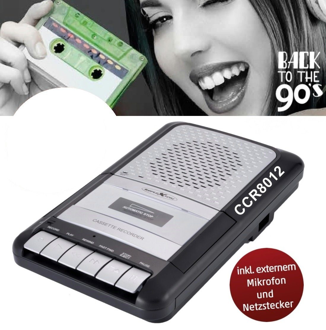 Reflexion CCR8012 Retro Kassettenrecorder Analoges Diktiergerät (Tragbager  Kassettenspieler mit Radio, USB, MP3 und AUX-IN)