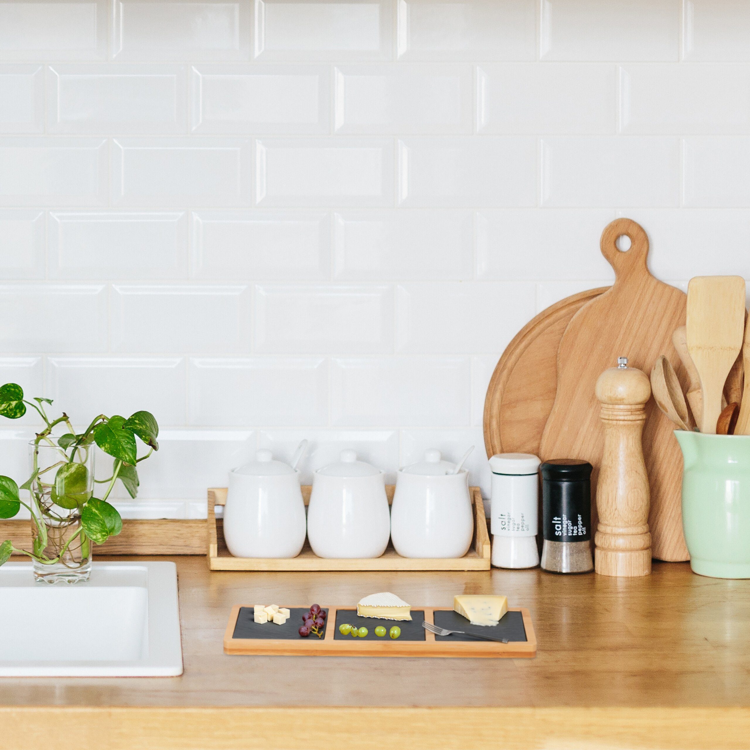 relaxdays Servierplatte Servierbrett mit Schieferplatten, Bambus