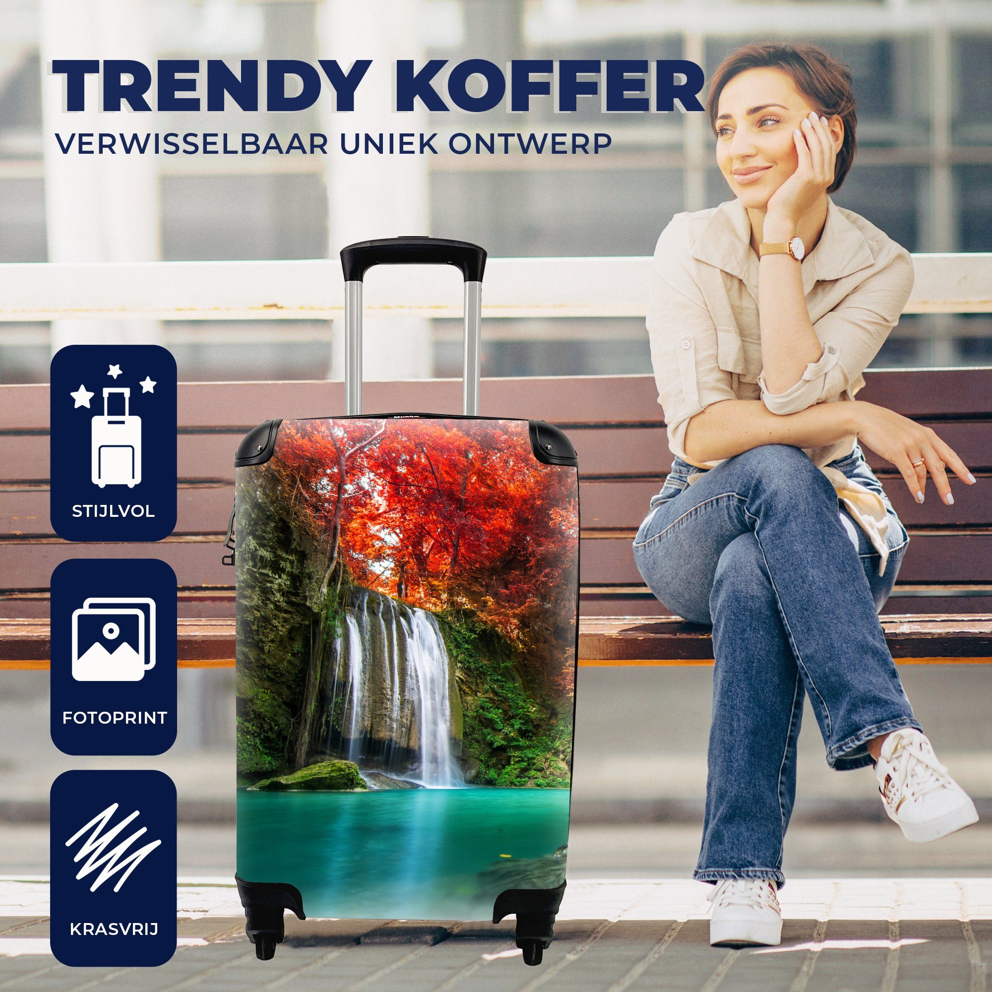 Ferien, Wasser, Baum Trolley, - Rot MuchoWow 4 rollen, Wasserfall - Rollen, - Reisekoffer - mit Handgepäckkoffer für Herbst Handgepäck Reisetasche