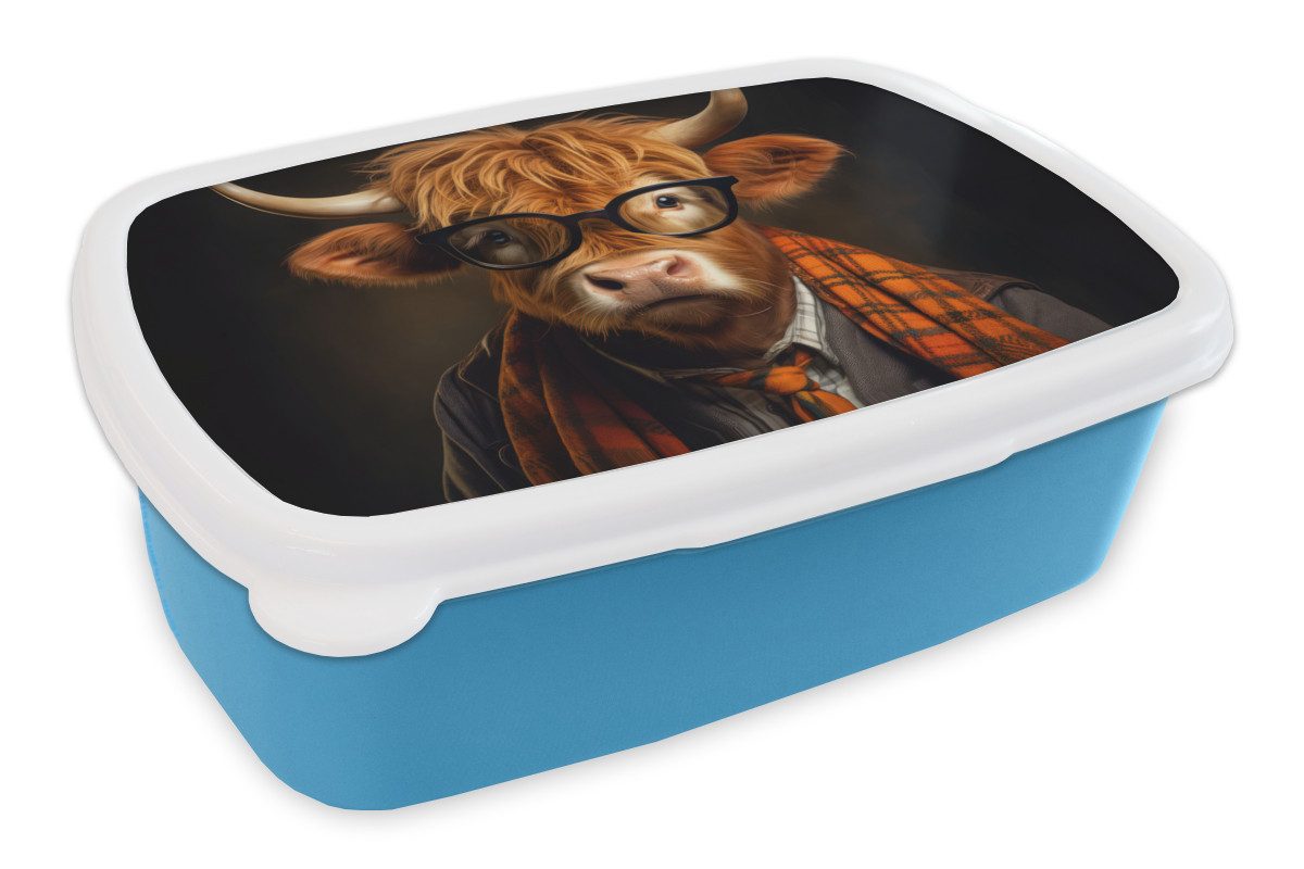 MuchoWow Lunchbox Schottischer Highlander - Brille - Halstuch - Tier, Kunststoff, (2-tlg), Brotdose, Lunchbox, Brotbox für Kinder und Erwachsene