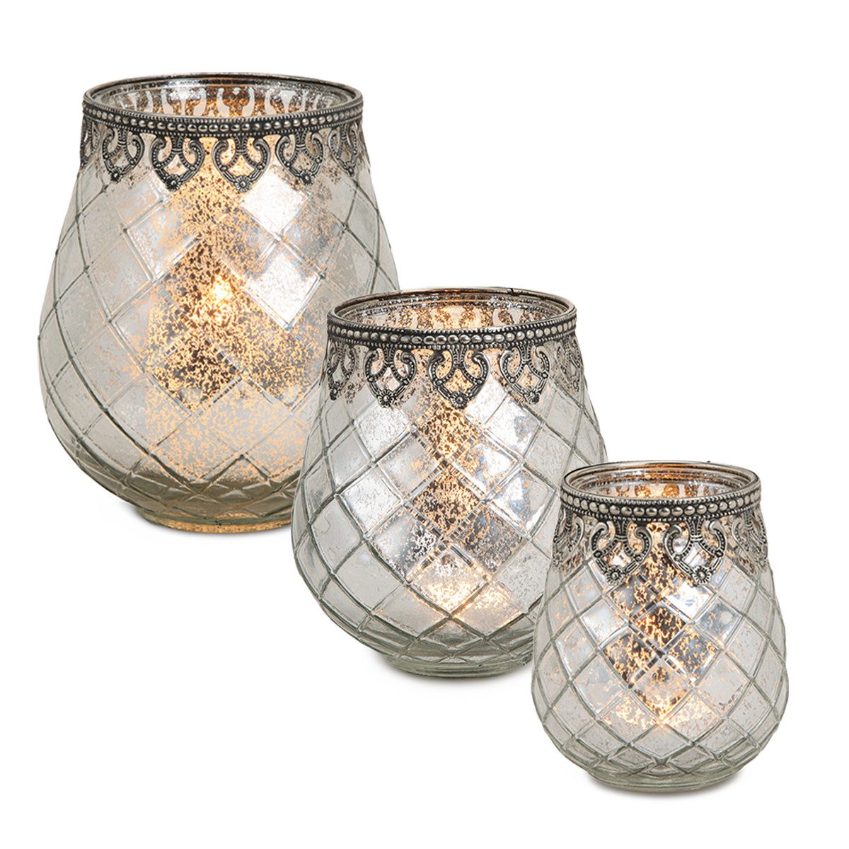 matches21 HOME & HOBBY Kerzenhalter Vintage Kerzengläser Set Outdoor Windlicht Laternen silber (3 St), Moderner Glas Teelichthalter als Kerzenständer Tisch-Deko Balkon