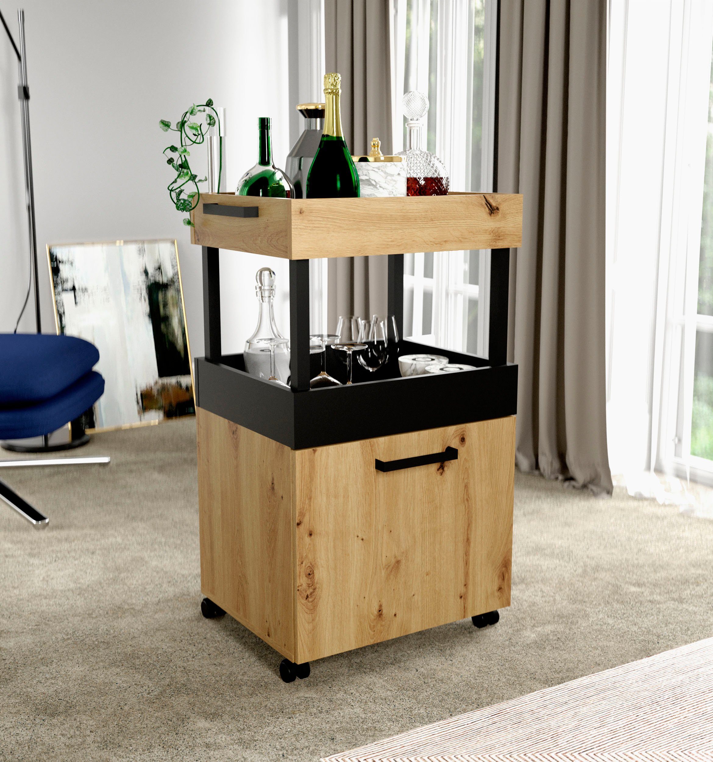 Barschrank Hausbar Weinschrank Minibar FARO-36 matt weiß mit Eiche Nb.