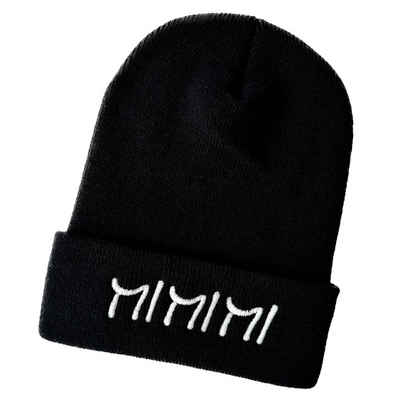 Schnoschi Strickmütze Wintermütze Mi Mi Mi (Long Beanie) bestickt Spruch Streetwear Unisex mit breitem Umschlag und Stickerei