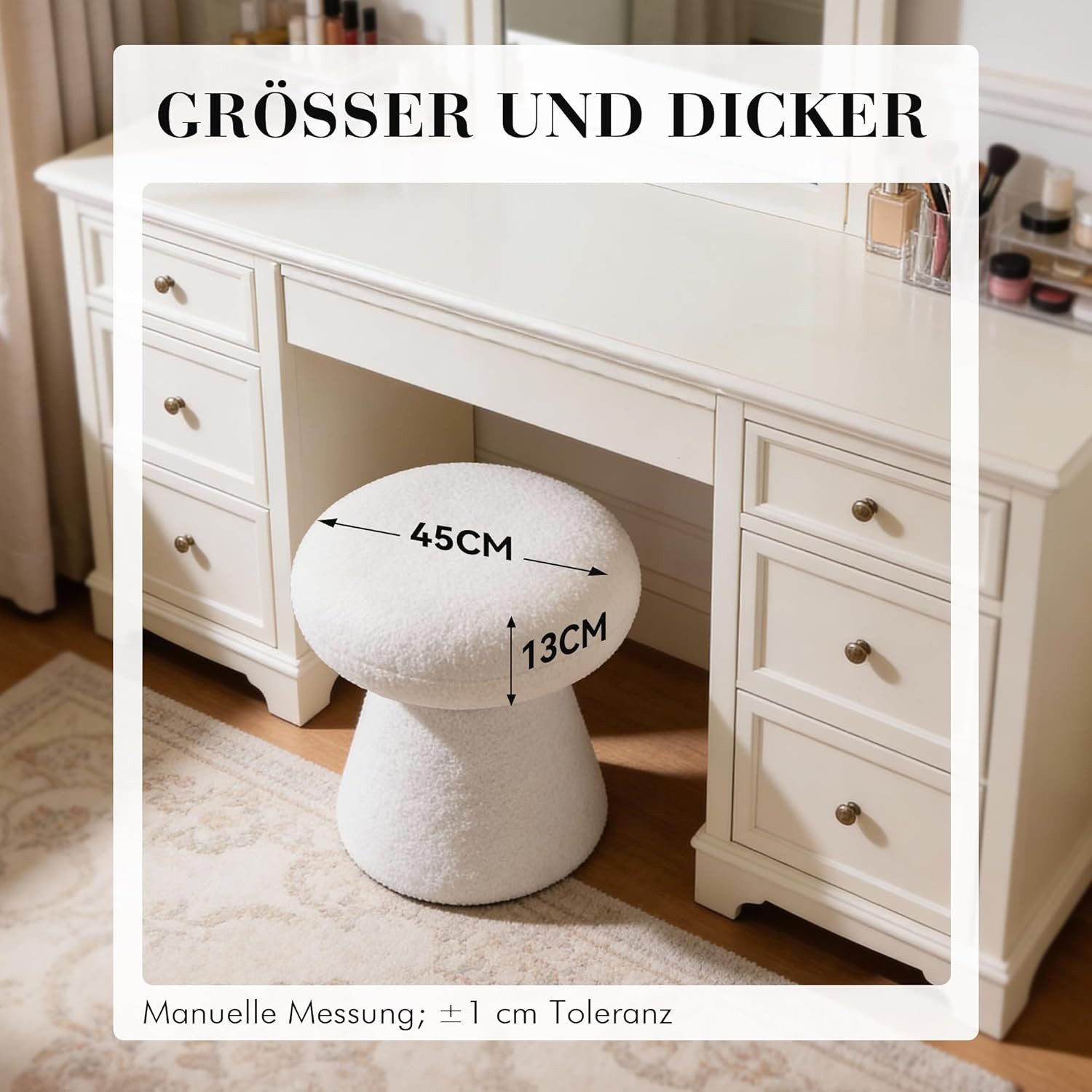 DEKKETO Hocker 360° Drehbarer Teddy-Pilz-Hocker als Schminktischhocker & Fußhocker (1 St), Bequemer Polsterhocker für Schlafzimmer, Ankleidezimmer & Wohnzimmer – Bild 5 von 5