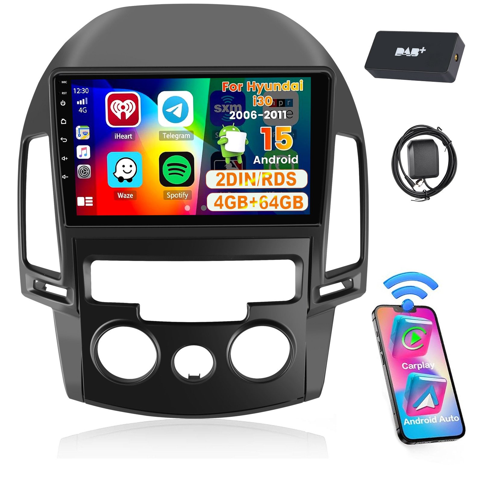 ESSGOO DAB+ 64G Für Hyundai i30 MK1 FD 2006-11 Android 15 Carplay GPS Navi Autoradio (DAB+ (optional), 2+64GB(optional), AM, FM, RDS, Wireless Apple Carplay & Android Auto,2 DIN,WiFi)