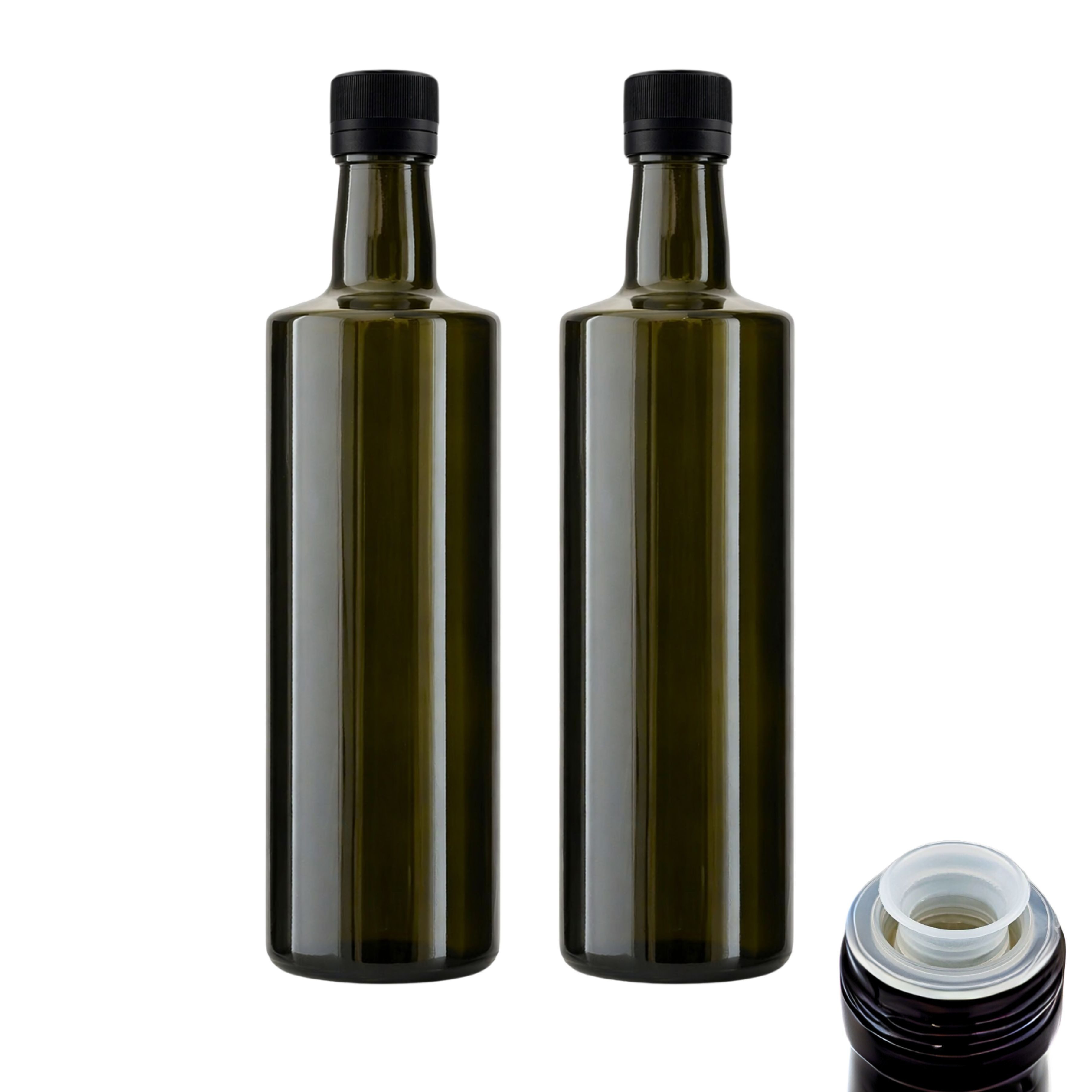 mikken Ölspender 2 Ölflaschen 500ml Antikglas mit Ausgießer Glasflasche zum Befüllen, (Essig & Öl Set), mit Etiketten, Originalitätsring, UV-Schutz, Luftdicht, 0,5 Liter