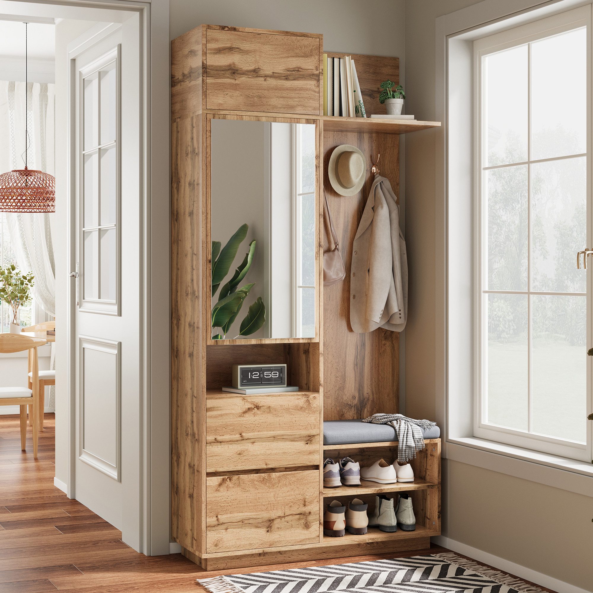 Merax Garderoben-Set 5-in-1 Kompaktgarderobe Scandi Garderobenkombination, (1-St., 90 L × 34,5 B × 190 H (cm), Flurgarderoben Set mit Spiegel Sitzbank Schuhregal Schubladen & Haken