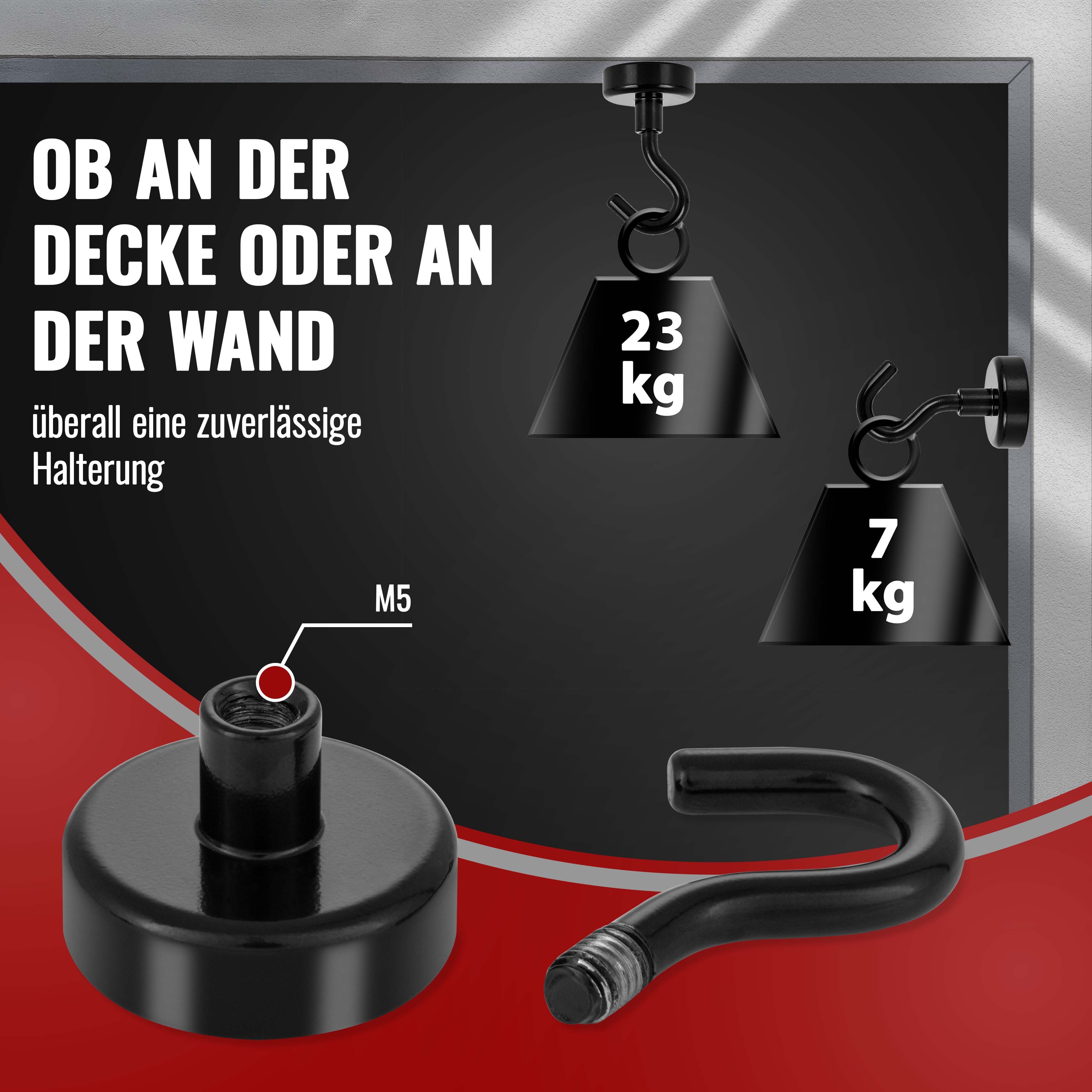 Poppstar Dekomagnet Neodym Magnet-Haken, für magnetische Flächen, (Haftkraft 23kg, 5-St), mit abschraubbaren Haken, Farbe schwarz