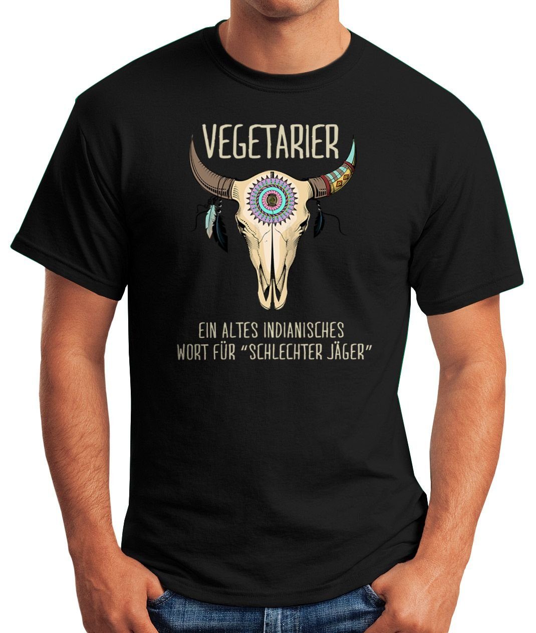 MoonWorks Print Skull Fun-Shirt Print-Shirt Vegetarier T-Shirt Vegetarier Herren Moonworks® Spruch mit lustig Jäger Schlechter Veganer / schwarz