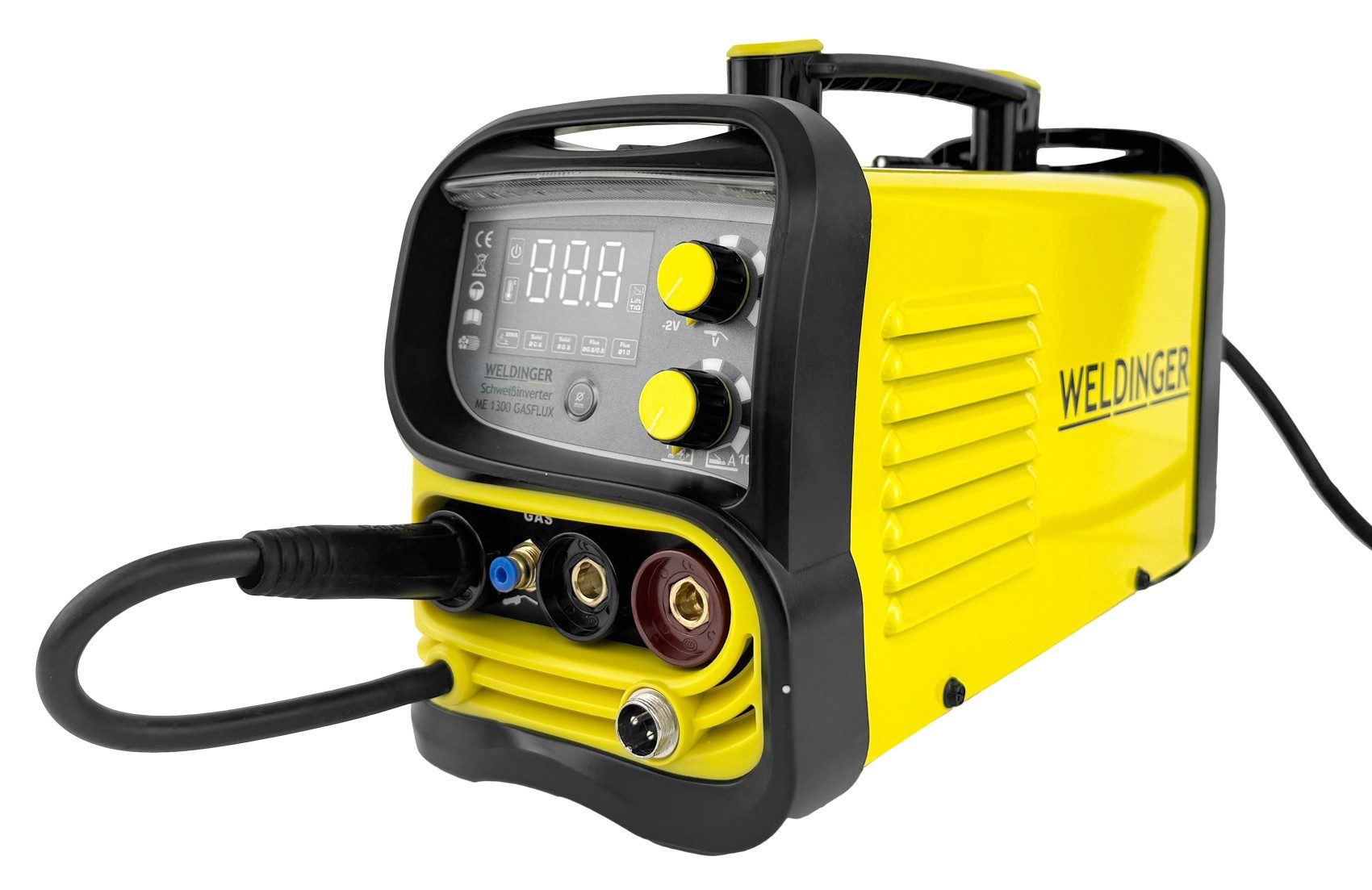 WELDINGER Fülldrahtschweißgerät ME 1300 GASFLUX + Koffer + Fülldraht + Düsensatz (auch für Schutzgas), 20 - 130 A, 11-tlg., Schutzgasanschluss, Umpolkabel, inkl. Fülldraht