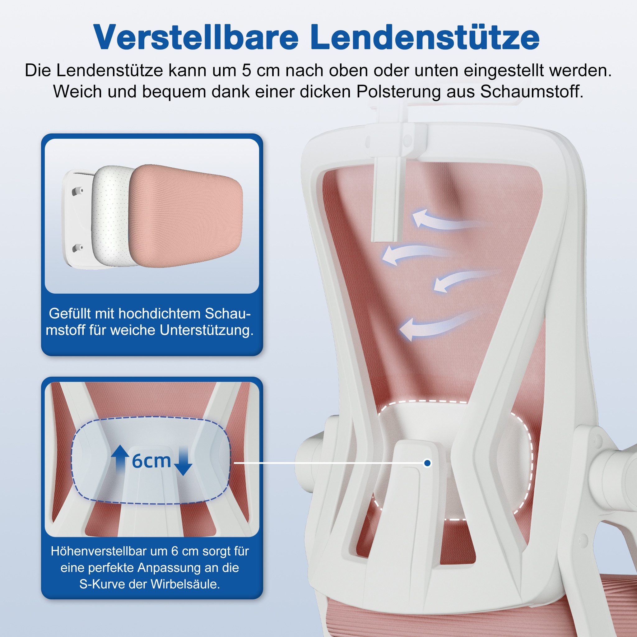 Adormii Bürostuhl Ergonomischer Bürostuhl mit klappbaren Armlehnen und Rückenlehnen (Drehstuhl mit Drehbare, höhenverstellbarer Kopfstütze, geräuscharme Rollen, – Bild 5 von 5