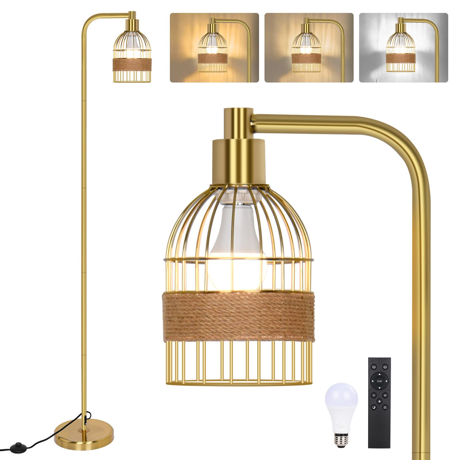 LED Stehlampe Gold Stehlampe,Industrielle Stehleuchte mit Glühbirne & Fernbedienung
