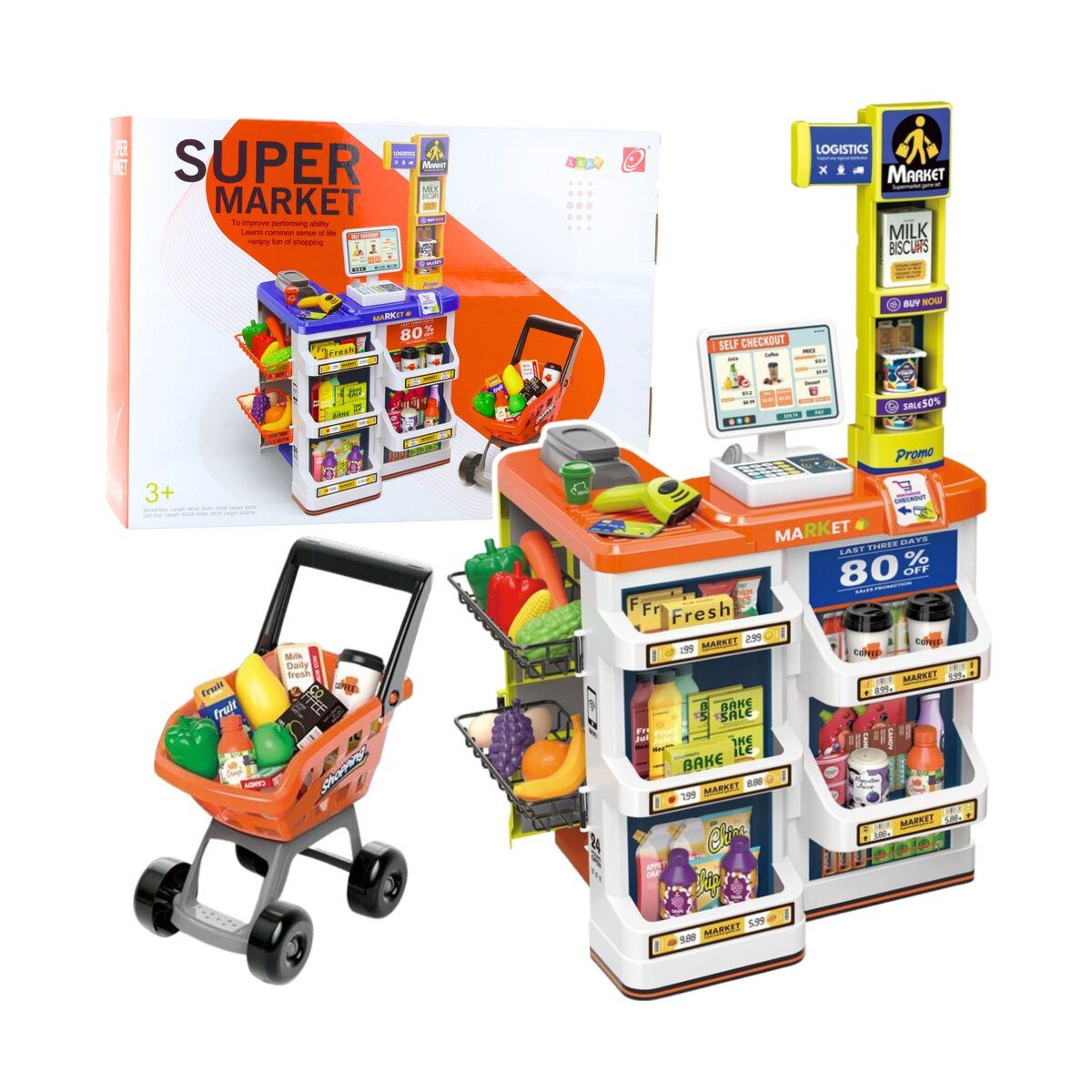 Wisam Kinder-Küchenset Kaufladen-Set: Kasse, Einkaufswagen, Scanner, Supermarkt
