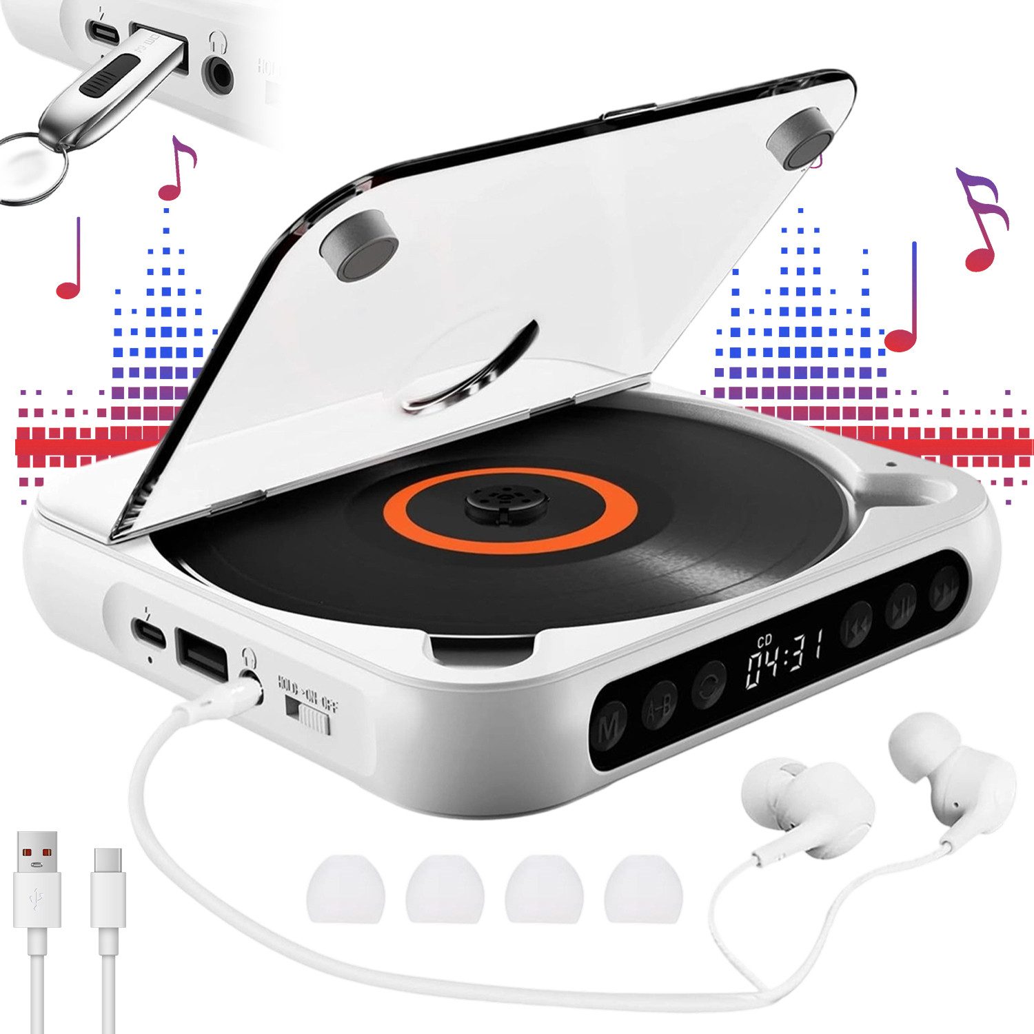 AKKEE Tragbarer CD-Player, Bluetooth-Musikplayer, MP3 CD-Player (mit externem Verstärker)