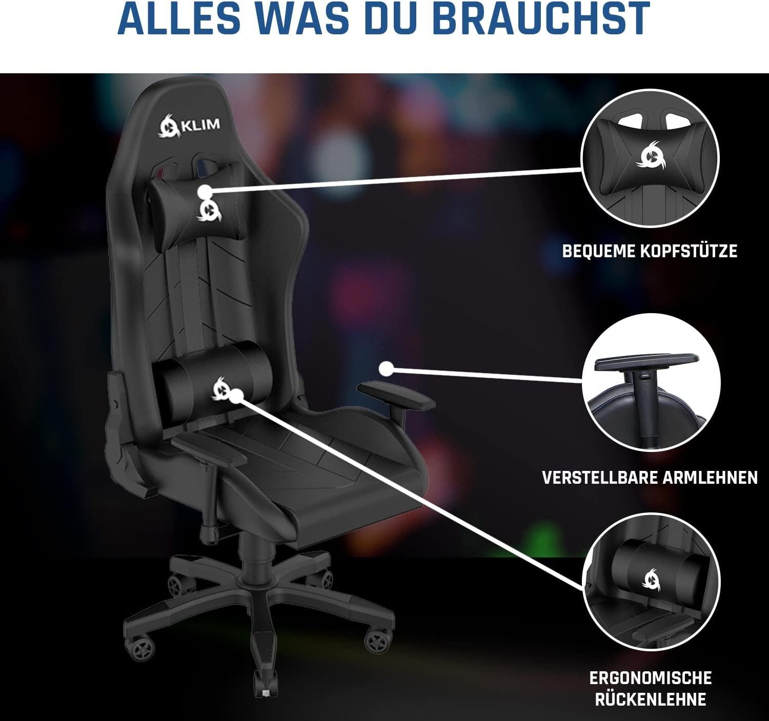 KLIM Gaming-Stuhl 1st Gaming Stuhl, Ergonomischer Sitzmöglichkeit, Hochwertige Qualität, Stylischer Stuhl fürs Gaming