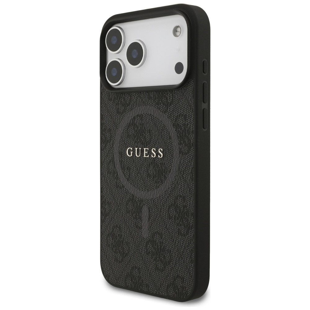 Guess Handyhülle MagSafe iPhone 17 Pro Max Kunstleder grau Logo Metall goldfarben 6,9 Zoll, Kantenschutz