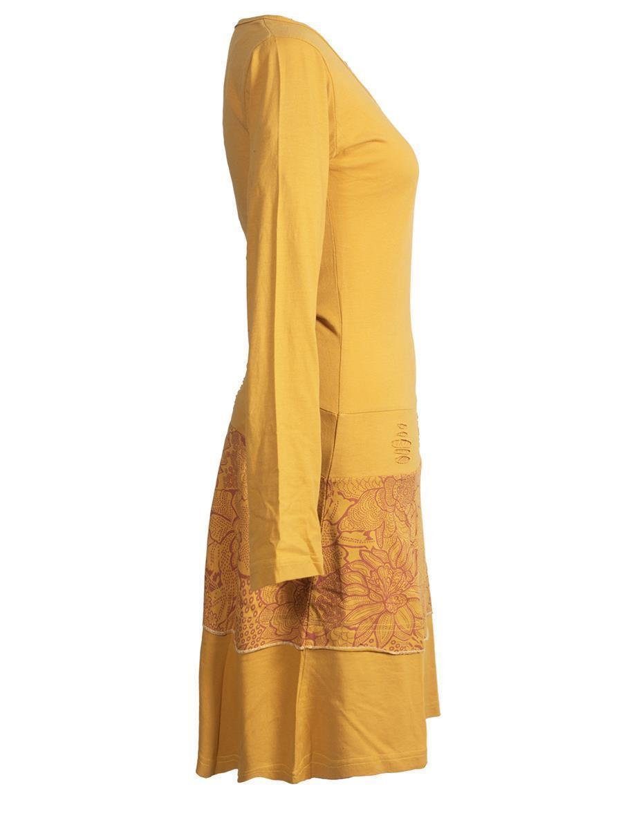 Vishes Jerseykleid Lagenlook Langarm Kleid mit Blumen-Spitze bedruckt Elfen, Hippie, Boho, Goa Style